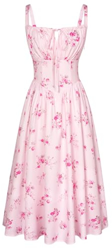 SCARLET DARKNESS Women Summer Dresses Casual Floral Beach Sundress A-Line Sleeveless Spaghetti Strap Victorian Milkmaid Corset Dress Rose Pink S