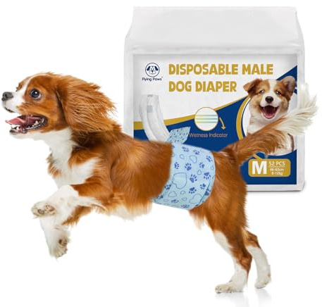 Flying Paws 26 Couches Jetables pour Chien Mâle M, Indicateur d'Humidité Culottes Hygéniques Super Absorbantes, Bandes Ventrales Anti-Fuites