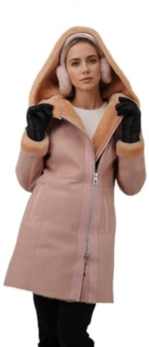 Hollert Lammfellmantel Kate Rosa Limitierte Sonderedition Damen Wintermantel Fellmantel Ledermantel mit Kapuze Größe M