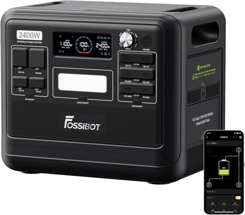 FOSSiBOT Bärbar powerstation F2400 med 2048Wh Lifepo4, solgenerator 2 400 W (4 800 W spets) 230 V 3 AC-utgångar, supersnabb laddning kraftstation för nödströmsaggregat, husförsörjning, camping