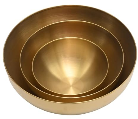 Hoypeyfiy 3-Teiliges Salatschüssel-Set aus Edelstahl, Goldene Servierschalen in 3 Größen (15 cm, 20 cm, 25 cm), Vielseitig für Salate, Obst, Nudeln und mehr