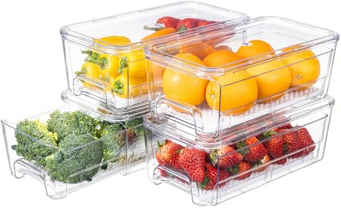 Aetubree 4-Pack Fridge Organisers, Clear Stackable Refrigerator Storage Containers, Keep Fruit Vegetable Fresh Pull Out Storage Boxes for Kitchen, Refrigerator, Capacity 4.7 Liters