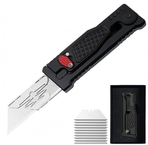 UTOTU 5.8 Aluminium Utility Knife, EDC Box Cutter with Clip, CNC Unibody, Lightweight All Metal Folding Box Cutter, Ideal Gifts for Men Women, with 10 Extra Blades（Black）