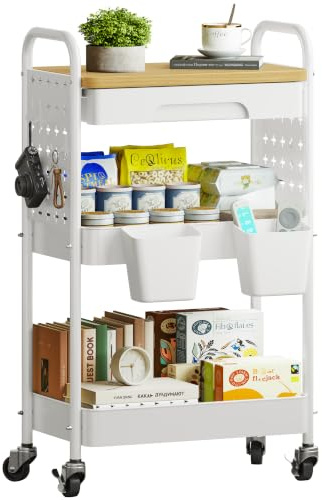 Alened Storage Trolley on Wheels 3 Tier Rolling Cart Metal White