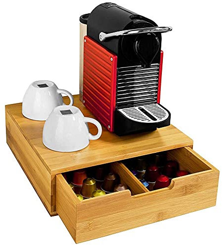 BAKAJI Porte Capsules de Café Nespresso Dolce Gusto Lavazza Boîtee Rangement à Tiroirs Pour Capsules de Thé et Café en Bambou 31 x 30,5 x 9,5 cm