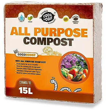 Compost sans Tourbe de Coco et de Coco. Terreau de rempotage avec 6 Mois de Nutrition. Terreau de Coco pour Plantes d'intérieur/extérieur - Coco Boost (15L / 1KG)