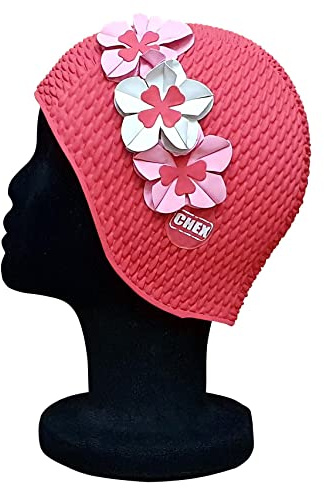 CHEX Rimini Bonnet de bain, Bonnet de natation pour femme avec 3 fleurs contrastées 3D Motif floral Rouge/rose/blanc