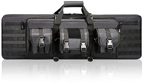 DULCE DOM Double Rifle Case, Soft Tactical Backpack for Hunting Shooting Range, Dual Storage Gun Bag for 2 Rifles & Pistols with Lockable Zippers & MOLLE System(Black, 42, Stowaway Backpack Straps)