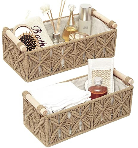 Macrame Storage Basket Boho Decor Baskets for Organizing Woven Decorative Basket for Countertop Toilet Paper Basket for Toilet Tank Top Shelf Basket with Handle for Bathroom Decor Nursery (Set of 2)