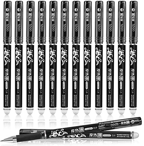 Erasable Gel Pens, 12Pcs 0.5mm Black Ink Eraser Rollerball Pens for Writing Bullet Journal Note Taking Office Supplies
