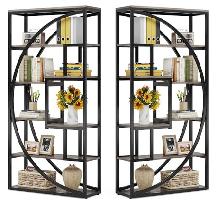 Tribesigns Bookshelf, Industrial 5-Tier Etagere Bookcase, 70.8 Tall Bookshelf with 8 Storage Shelf, Book Shelf Display Tack Shelving Unit for Home Office (Vintage Grey,2PC)
