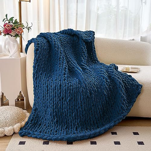 Navy Blue Chunky Knit Throw Blanket 100% Handmade Knitted Blanket Ultra Soft Chenille Yarn Knit Throw Blanket Thick Cable Knit Blankets for Couch Bed Sofa 50X60 (50X60 Inch, Navy Blue)