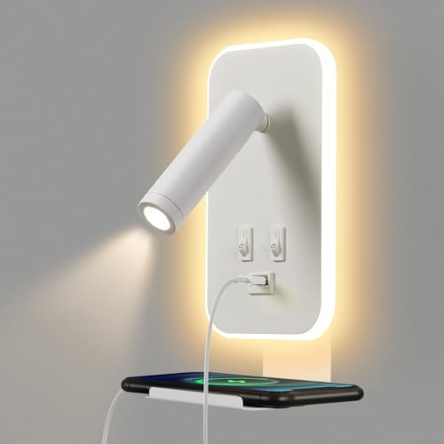 AWEKLIY LED-Innenwandleuchte, Nachttisch-Leselampe mit USB-Aufladung und Handy-Ablage, verstellbares Spotlicht mit Schalter, Schlafzimmer-Hotel-Ambientelicht (3W 3100K + 9W 6000K), Weiß