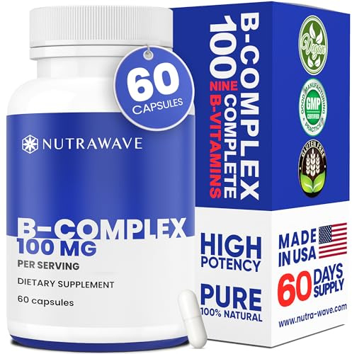 Nutra Wave Vitamin B Complex – Super B-100 Vitamins Supplement for Women & Men with B1, B2, B3, B5, B6, B7, B9, B12, Choline & Inositol – Supports Energy & Nervous System – Non-GMO - 60 Vegan Capsules
