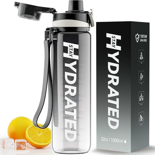 Mevoly Trinkflasche, 1L Wasserflasche Auslaufsicher BPA-Frei aus Tritan, 1 Liter Trinkflasche Sport mit Zeitmarkierung und Abnehmbare Schnürung, Flasche für Fitnessstudio, Oudoor, Gym, Schule