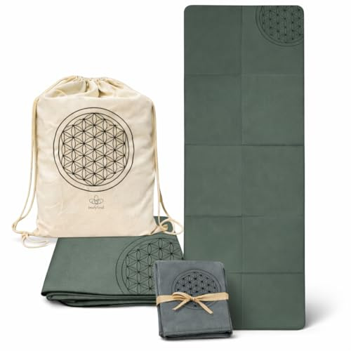 InufySoul® Set Tappetino Yoga Pieghevole in TPE 183x61x0,4 cm – Tappetino Yoga da Viaggio con Borsa in Cotone e Asciugamano in Microfibra – Leggero, Compatto e Antiscivolo (verde scuro)