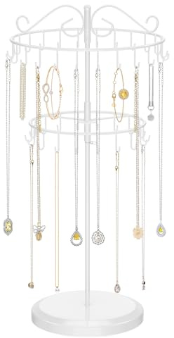 iDavosic.ly Organiseur de collier rotatif à 2 niveaux, support réglable en métal avec 42 crochets, bracelet extra haut, porte-clés, tour d'arbre pour femme et fille, blanc