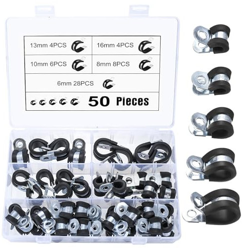 50 Stück Kabelklemme, Gummi Gefüttert P Clips, Schlauchschellen, Typ P Drahtklemmen, R-Typ Kabelschellen, P-Klammer Kit, Rohrschellen, Befestigungsschelle, 6mm 8mm 10mm 13mm 16mm, Schwarz