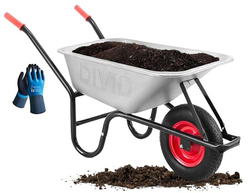 DIVID® Schubkarre 250Kg | 100Liter | Luftreifen mit Stahlfelgen | Schiebkarre | Bauschubkarre | Gartenschubkarre | Transportkarre mit robustem Stahlrahmen (Silber)