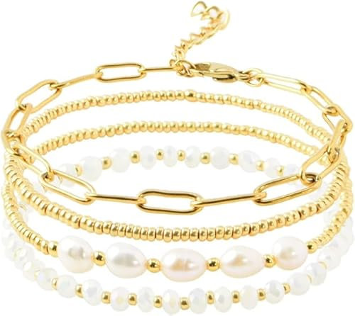 LQTSLFM 4 Stück Armband Damen Gold, Perlenarmband Set, Verstellbare Geschichtete Gliederkette, Boho Schmuck Geschenke für Damen Mädchen