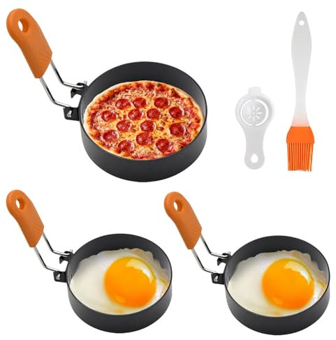 HAYGEM 3 Pezzi Stampo Rotondo per Uova Due Dimensioni, Stampo Pancake con Separatore e Pennello, Stampo per Omelette in Acciaio Inox e Antiaderenti per Omelette, Pancake, Hamburger e Molto Altro