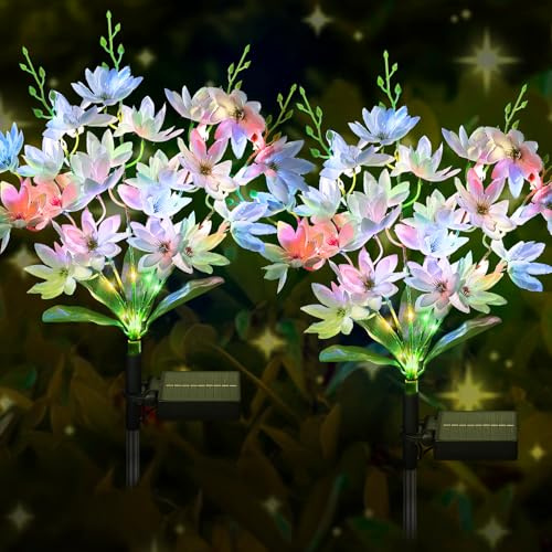 FWLWTWSS Set of 2 Snow Lotus Solar Flower Lights Outdoor Garden White | IP65 Waterproof Stake Lamps, Dusk To Dawn Auto Switch, 10-12h Working, Outdoor Decor For Lawn Patio Pathway Yard