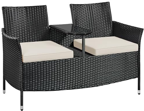 Yaheetech 2-sitsig polyrattan trädgårdsbänk med bord, stabil rotting sittbänk 350 kg lastkapacitet, 131 × 65,5 × 85 cm väderbeständig balkongbänk, trädgårdsmöbler för trädgård balkong terrass