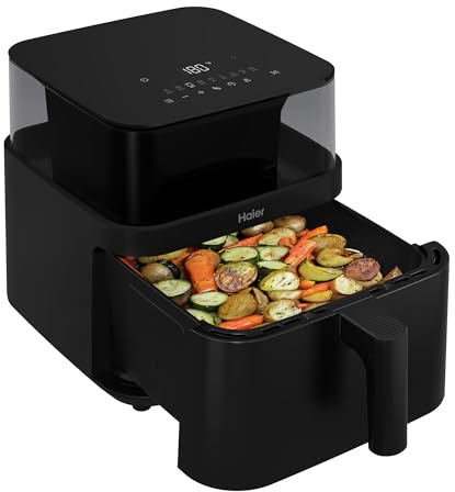 Haier Heißluftfritteuse 7L mit 360° Glas-Sichtfenster für 6 Portionen I 8 Funktionen: Frittieren, Grillen, Braten, Backen, Dörren, Auftauen I spülmaschinenfest