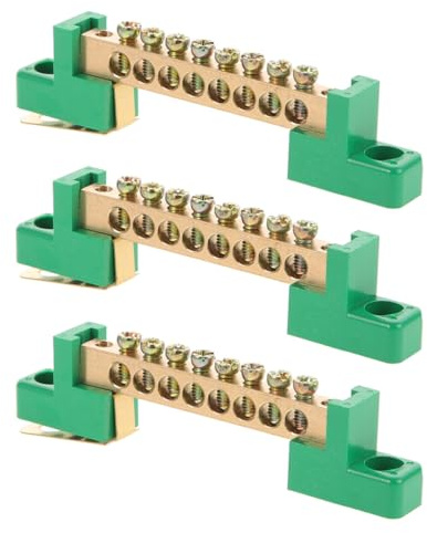 GLEAVI 3 Bloques de Bornes de Cobre 6X9 MM 8 Orificios Barra de Tierra Verde para Regleta de Bornes Fija Caja de Distribución Eléctrica para Conexión Segura y Distribución de Energía