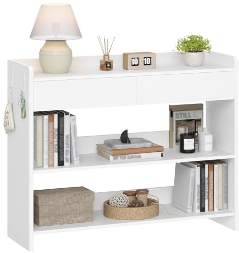 Hzuaneri Mesa de Consola Recibidor Mesa de EntradaMueble Auxiliar Madera con Cajon Grande para Salón, Entrada, Pasillo Blanco, Dos Ganchos a Cada lado100×30×80 cm CT01603X