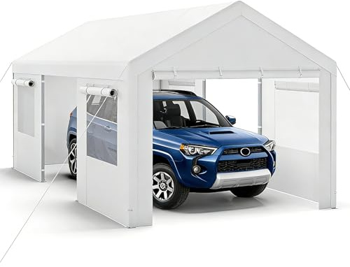 SOARS Tenda Garage Auto Esterno, Tettoia per Auto con Telaio in Metallo, Copertura in PE Resistente alle Intemperie, Capanno Giardino per Vehicolo, Bici, Moto, Attrezzi (Bianco, 305 x 586 x 280 cm)
