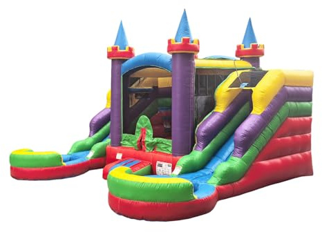 POP JUMP 16'x15'x12' Rainbow Castle Inflatable Bounce House with Dual Water Slide & Pool, 100% PVC Vinyl, Commercial Reinforced, Basketball Hoop, Front Entrance for Easy Supervision, Includes Blower