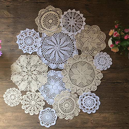MINDPLUS Set mit 14 Handgehäkelten Deckchen Baumwolle Gehäkelte Spitzen Deckchen Tischset 10-25 cm Rund Weiß und Beige Vintage-Hochzeit Teeparty