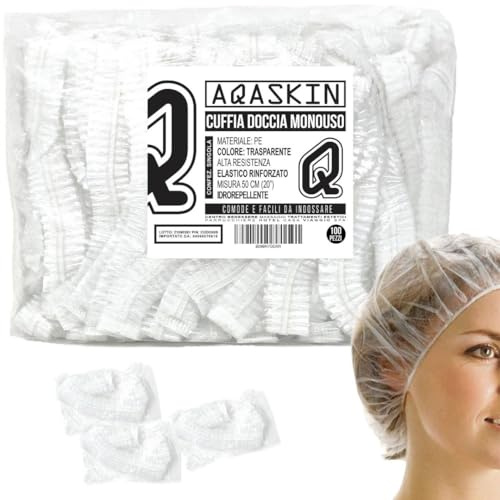 AQASKIN | 100 Cuffie Doccia Monouso - IMBUSTATE SINGOLATMENTE - Ø50CM - cuffie monouso in PE, Cuffiette da Doccia - ideali per doccia di Hotel, Spa, Parrucchiere (Ø50CM - 100 pz)