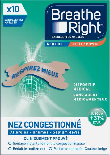 Breathe Right Menthol - Bandelette nasale - Taille M/S - Sommeil : aide à réduire les ronflements - Rhume, allergies, sport : vous aide à mieux respirer - Bandelettes couleur peau, 10 pièces