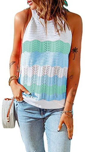 Camiseta sin Mangas con Cuello Halter de Verano para Mujer, Camiseta sin Mangas de Punto Informal Ajustada, Camisetas Sueltas de Cuello Alto, Blusas de Bloque, Camisas(L-Azul Claro)
