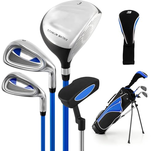 COSTWAY Junior Golf Clubs Package Set with 3# Fairway Wood, 7# & 9# Irons, Putter, Head Cover and Stand Bag, Right Hand (Age 11-13, Blue)