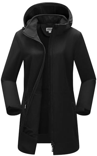 Outdoor Ventures Damen Softshell Lange Jacke mit Kapuze Fleece gefütterte Winddichte Jacke für Frauen Wasserdichte Windjacke Schwarz L