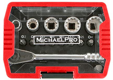 MichaelPro MP012005RD 1/4 tum Micro bit Ratchet Mini Screwdriver High Torque 17 i 1 Stäng kvartsspärrsats med bits, kilflöjter och adapter