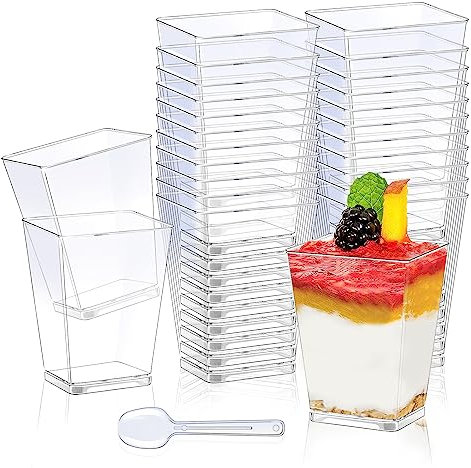 Tazze da dessert da 160 ml, 50 Pezzi Tazze da Dessert Quadrate con 50 pcs Cucchiaio in Plastica Food Contenitori Quadrati Trasparenti Riutilizzabili per Dessert Mousse Budini Gelati Buffet Festa