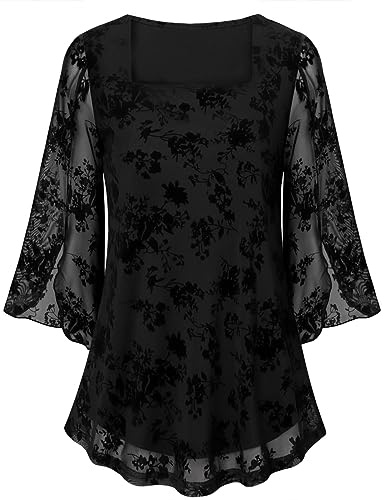 Syphiby Chiffon Tunic Tops for Women UK Plus Size, Size Ladies Shirts Blouses 3/4 Sleeve Blouse Going Out Ruffle Elastic Daily Wear, Black Jacquard Weav, 3XL