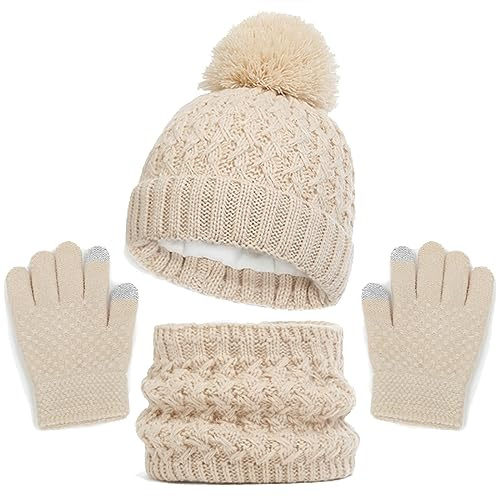 Baynetin Invierno Conjunto de Guantes de Bufanda de Gorro para Niños, Forro de Lana Niña Invierno Calentar Gorro Bufanda Sombrero Bufandas Guantes Tactiles Set para Niños Niñas 2-8 Años