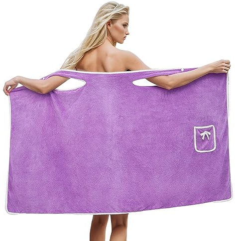 PAIDAXING Toalla de baño para mujer, absorbente, de secado rápido, con tirantes, con bolsillo, para adultos, para playa, spa, sauna, bata de baño, Morado (, talla única