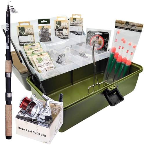 Zite Fishing Angelkoffer mit Zubehör Set - Teleskop-Angelrute & Rolle mit Schnur - Grundausstattung Angelzubehör mit Haken, Bleien, Wirbeln, Posen UVM.