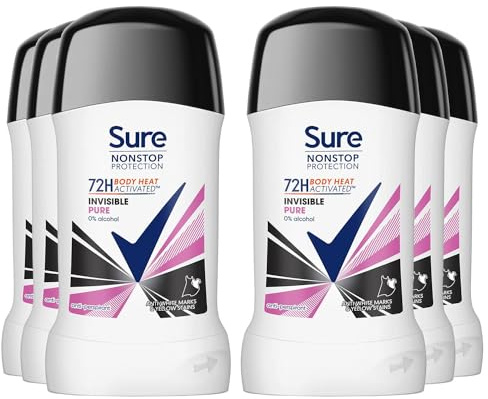 Sure Nonstop Protection Invisible Pure Anti-Perspirant Cream Women's Deodorant Stick with Body Heat Activated technology and white mark protection for 72 hour odour and sweat protection 6x 50 ml