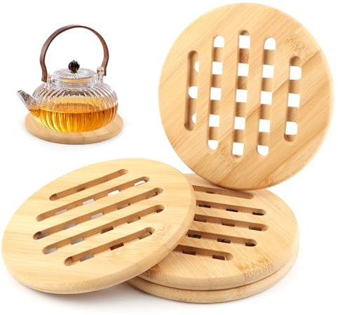 VFANDV 4 Stück Topfuntersetzer Set, Bambus Rutschfestes Waschbar Untersetzer, Hitzebeständiger Topfuntersetzer, Pfannenschoner für Küchenschüsseltöpfe Pfannen und Teller (15 x 15 cm, Round)