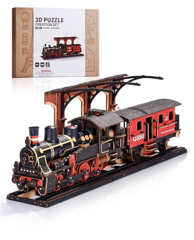 ROWOOD Steam Train 3D Puzzle, Wooden Train Model Kits for Adults to Build, Vintage Construction Craft Model Building Set, DIY Christmas and Birthday Gifts for Men Boys