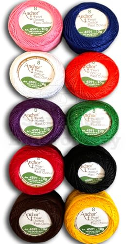 Pack of 10 Rainbow Anchor Pearl Cotton Balls Anchor Crochet Cotton Embroidery Thread Balls Size 8 (85 Meters Each) Assorted Colours UK