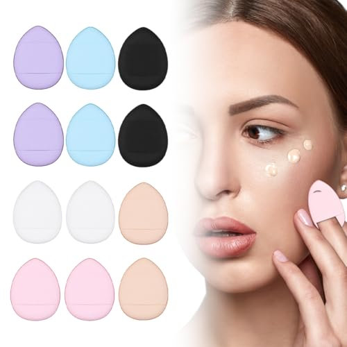 12 Stück Mini-Schwämme Puderquaste Fingerquaste Dreieck Weiche Make-up Puderquaste Schwämme Puderquaste mit Fingerhalter Gurt für Mineralpuder Kosmetik Lose Puder Nass Trocken