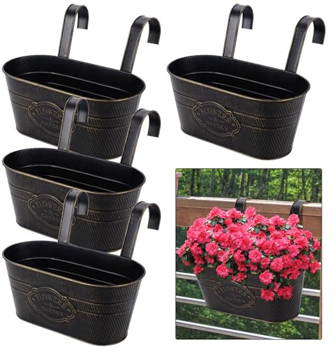 eROOSY 4PCS Metal Hanging Flower Pots with Detachable Hook, Balcony Flower Bucket Wall Planter Garden Planters, Metal Hanging Flower Pots With Drainage Hole for Balcony Fence Home Decor